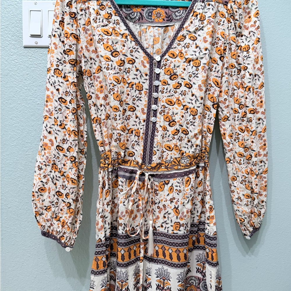 Spell Floral Tie-Waist Long Sleeve Dress in Mustard and Cream